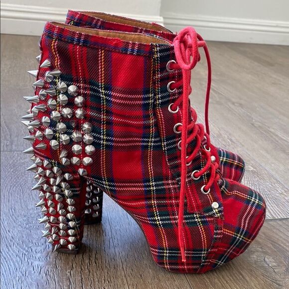 Jeffrey Campbell Shoes - Jeffrey Campbell Lita Rare Red Plaid Lace-up Platform Ankle Boot w Spike Studs